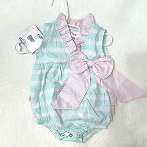 NWT Ruffle Butts Aqua Stripe Bubble Romper